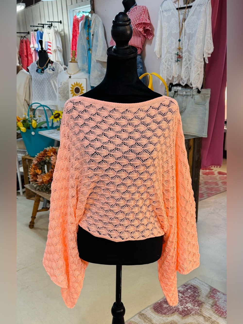 Light Coral Open-Knit Boatneck Sweater - POL